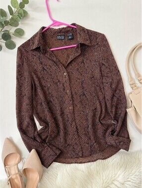 NY & Co Brown Snakeskin Print Button Front Blouse Women Size S Career Top